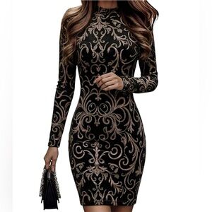 Black and Gold Patterned Dress Vintage High Neck Bodycon Dress